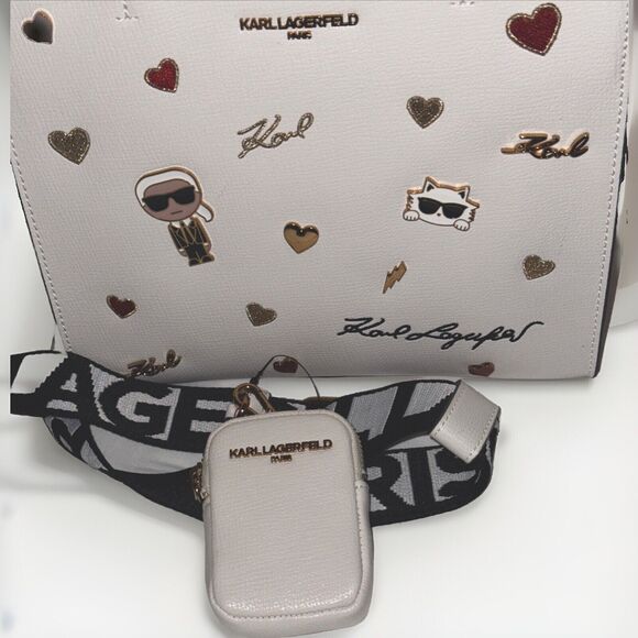 KARL LAGERFELD PARIS MAYBELLE DUO TOP HANDLE SATCHEL PURSE CROSSBODY WHT PIN NWT - Picture 4 of 11